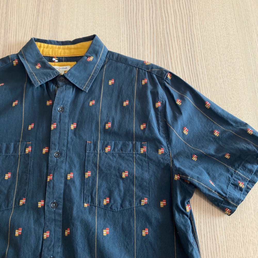 Carbon 2 Cobalt Button Down Shirt Mens M Blue Print Short Sleeve Cotton Pockets